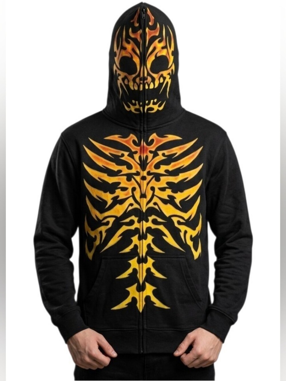 NWT Boys Skeleton Full Zip Costume Hoodie Medium 10/12 Black Gold Tribal Mask